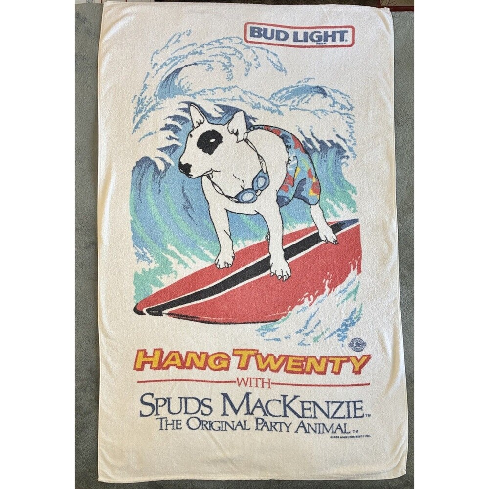 SPUDS MACKENZIE BEACH TOWEL Bud Light 1980s Party Animal Dog 57”x35” *READ*